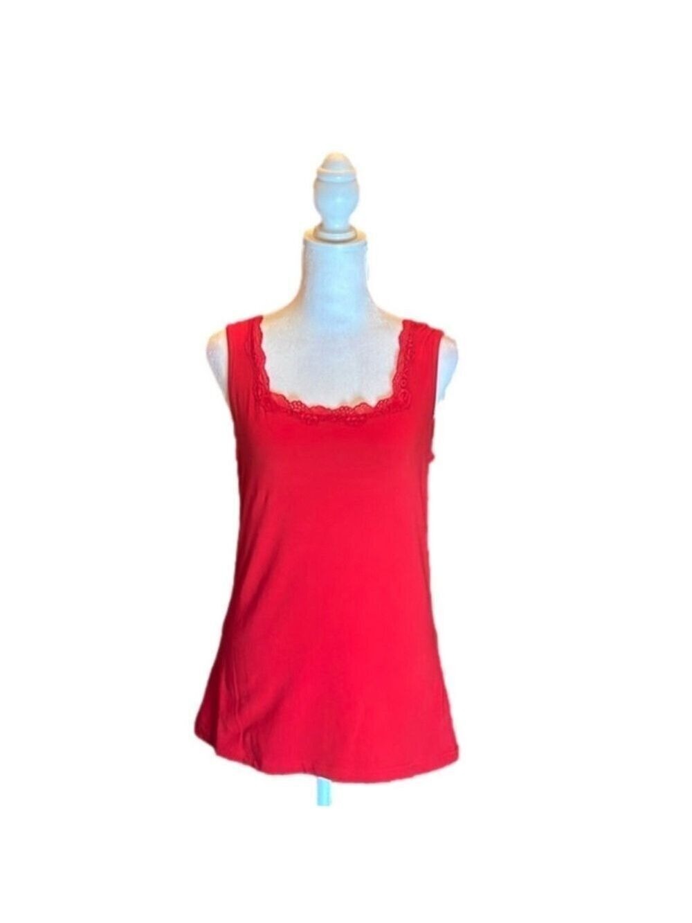 CHRISTOPHER & BANKS Cherry Red Tank Top w/ Lace Neckline Size S